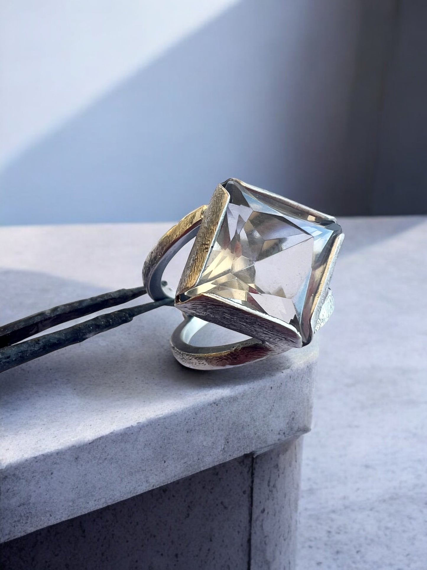 Anillo Dúo Plain rombo - Cuarzo cristal - Talla 14