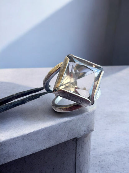Anillo Dúo Plain rombo - Cuarzo cristal - Talla 14