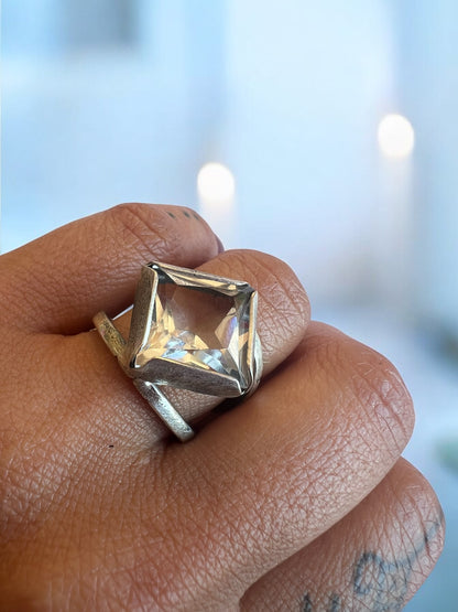 Anillo Dúo Plain rombo - Cuarzo cristal - Talla 14
