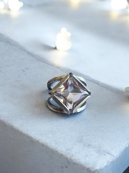 Anillo Dúo Plain rombo - Cuarzo cristal - Talla 14