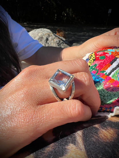 Anillo Dúo Plain rombo - Cuarzo cristal - Talla 14
